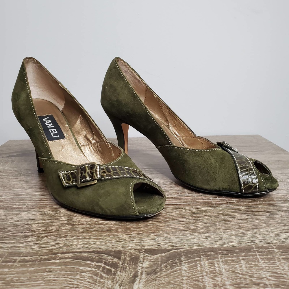 VAN ELI • Polly Green Suede Peep Toe Pumps Heels Sz 9 - Picture 2 of 10